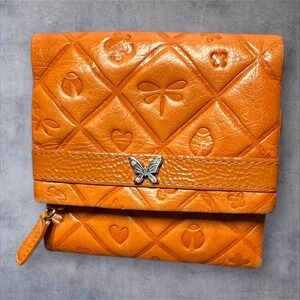 HTF Brighton Trifold Wallet Womens Orange Excellent Embossed Butterfly Leather